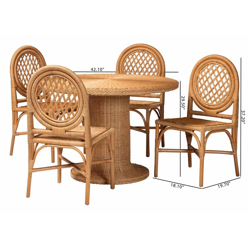 Winslow 5-Piece Rattan Dining Set - Round Wicker Table with Pedestal Base and 4 Chairs, Kitchen or Dining Room, Light Honey