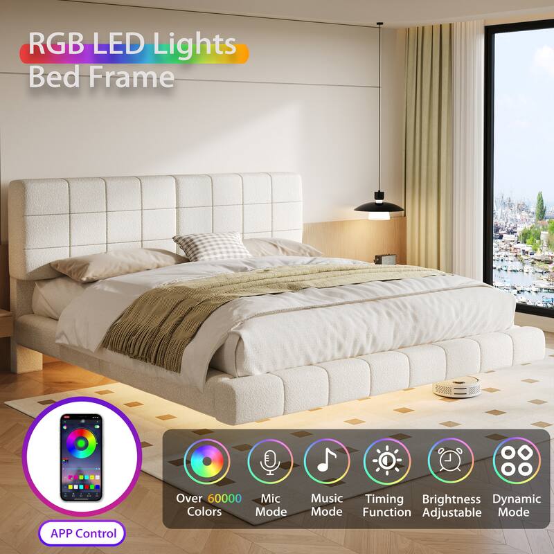Queen Floating Bed with LED Lights - Soft Boucle Fabric, 800lbs Capacity, Easy Clean Design