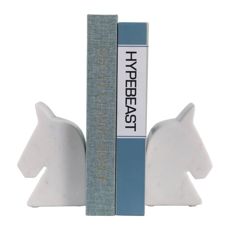 Modern Marble Horse Head Book Ends - Set of 2, 6", White - 6.0"
