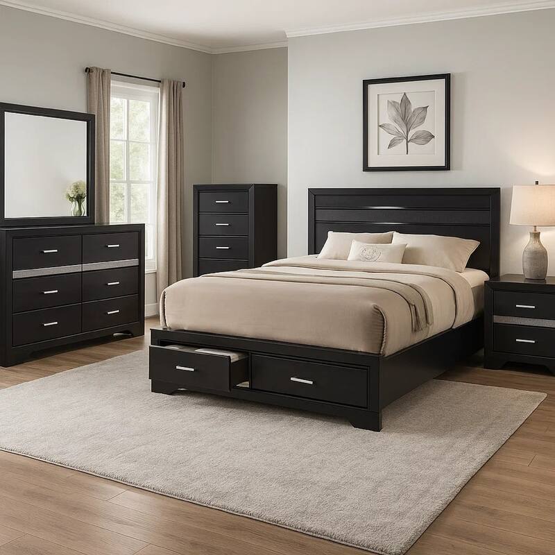 Vino Black 5pc California King Bed Set with Storage, Glitter Accent