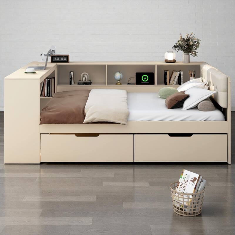 Wood Twin/Full Platform Bed with Upholstered Headboard, Storage Shelves, Drawers and Charging Station, No Box Spring Needed