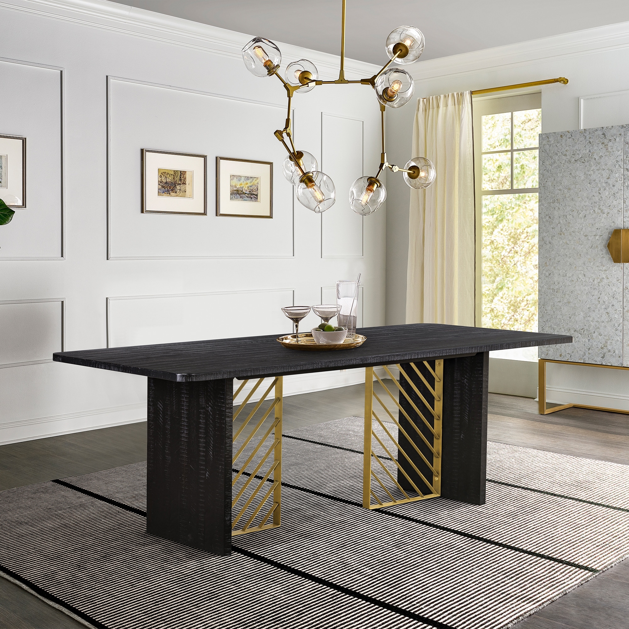 Monaco Black Wood and Brass Rectangle Dining Table