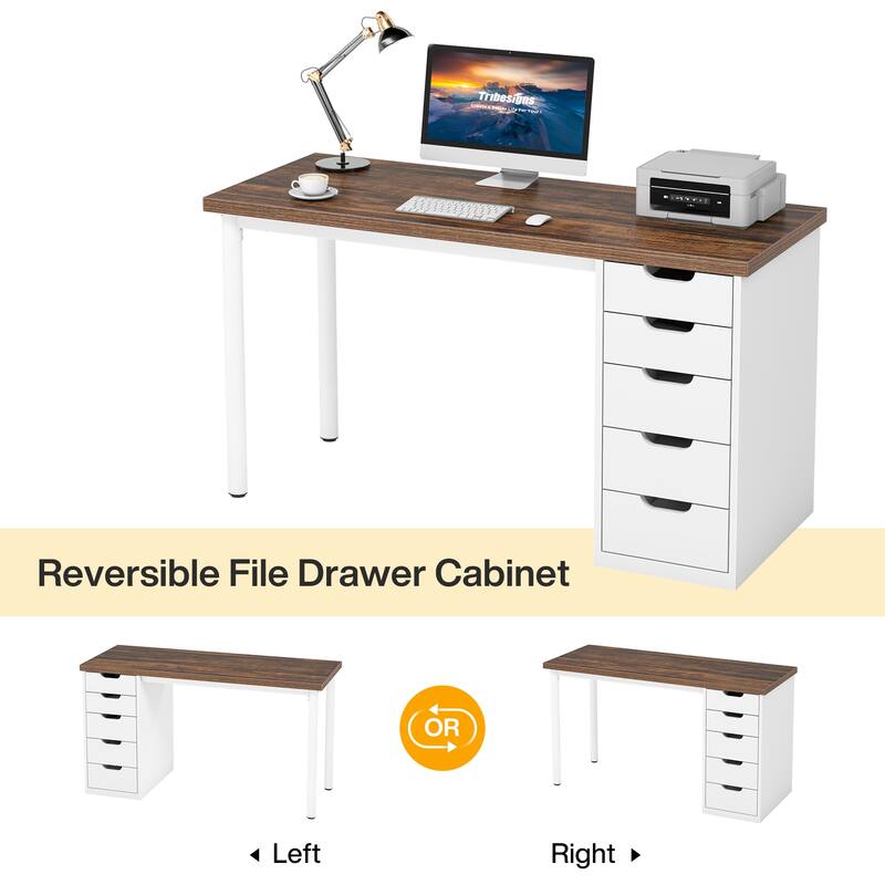 Modern Computer Desk with 5 Reversible Drawers, Storage Home Office Desk, PC/Laptop Desk, Study Writing Table Workstation