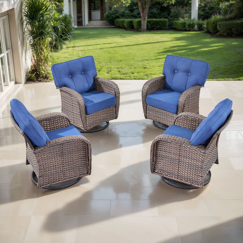 TWrap Brown Wicker Patio Swivel Glider Chairs with 5-Inch Thick Cushions (4-Pack) - Brown/Navy Blue - 4-Piece