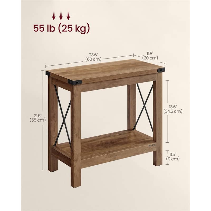 2-Tier Honey Brown Wooden Side End Table with Shelf and Steel X-Bars for Living Room or Bedroom - 11.8"D x 23.6"W x 21.6"H