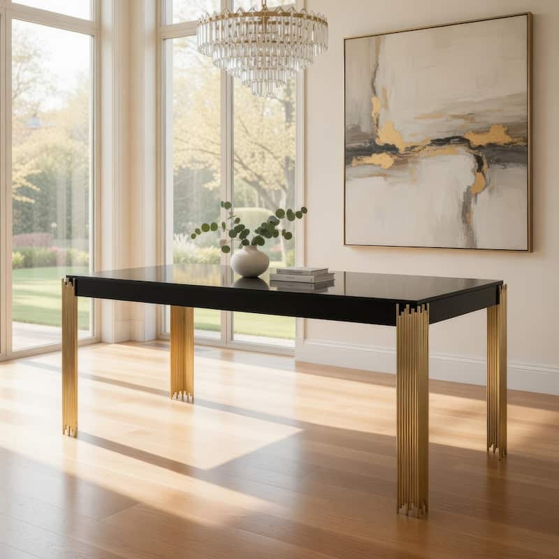 Theo Dining Table, Gold Metal Legs, Retro Black Wood Frame, 72 Inch