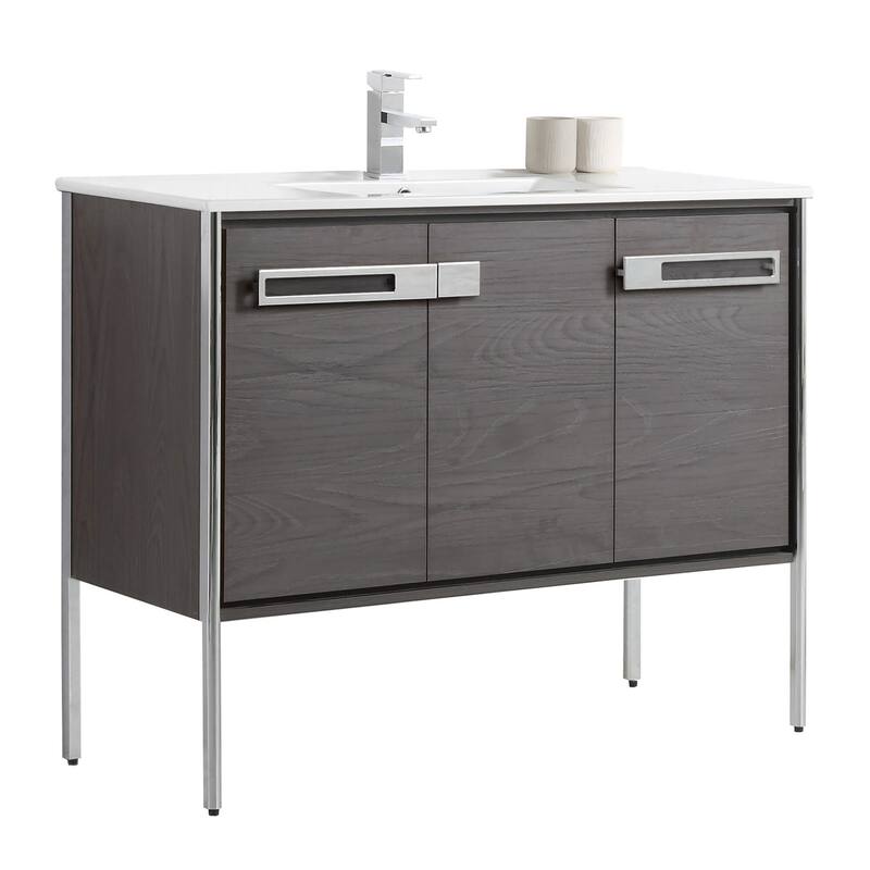 Fine Fixtures Oakville Bathroom Vanity with White Ceramic Sink - 42 Inch - Black Coal Oak - Chrome Hardware