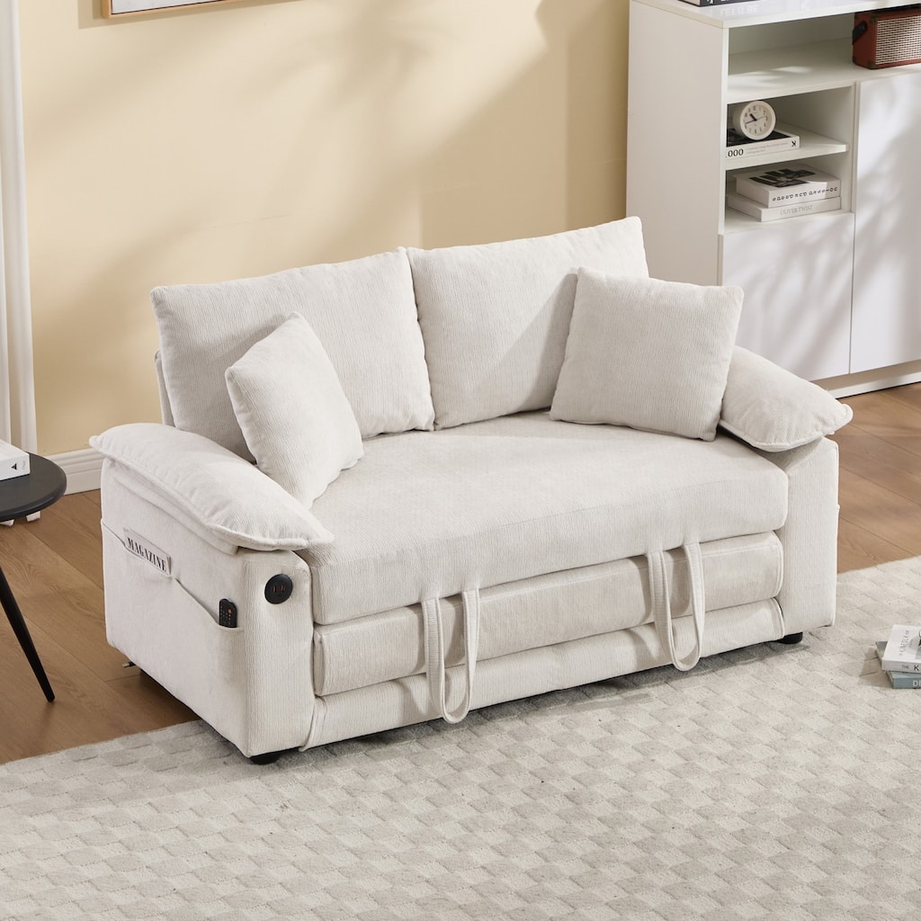 58.27" Chenille 2-Seater Sofa with Pull Out Bed, USB Port and Pillows