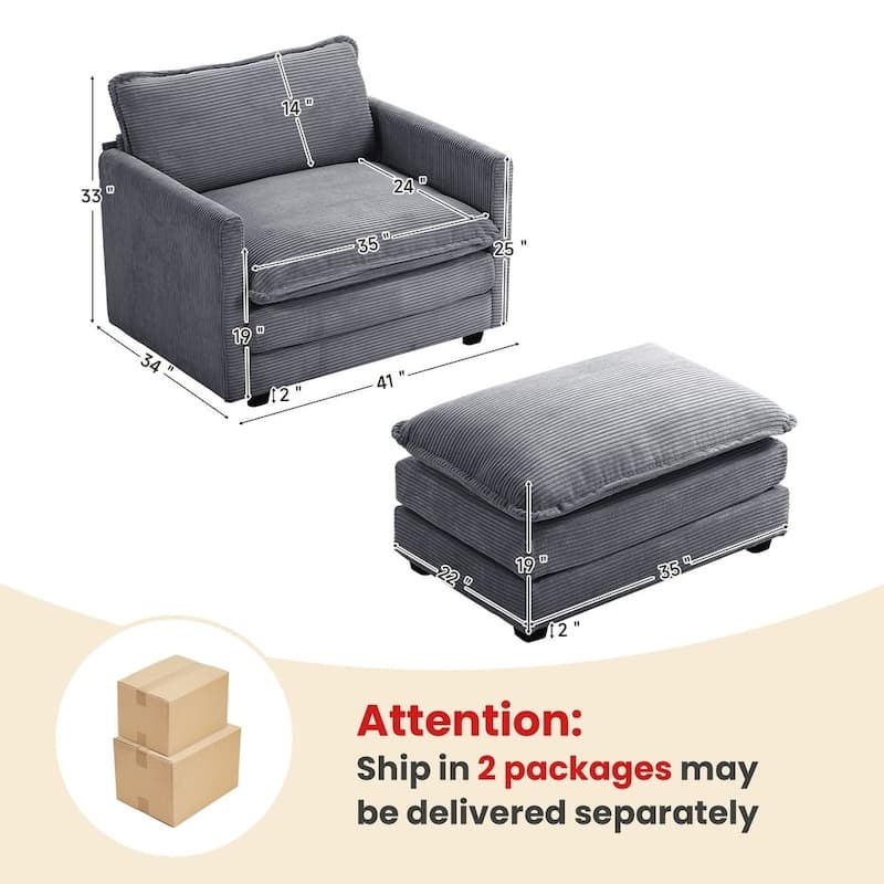 Oversized Corduroy Armchair with Plush Cushions and Movable Ottoman