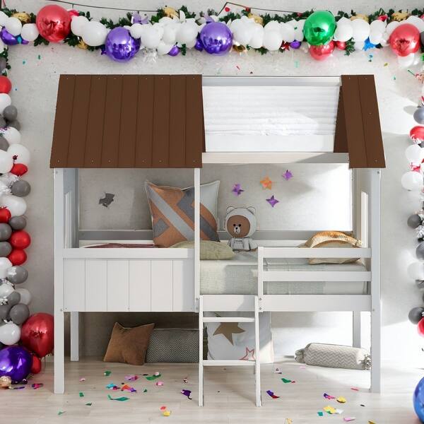 slide 2 of 56, Modern Twin Size Low House Loft Bed With Two Side Windows,Sturdy Construction for Bedroom White+Brown