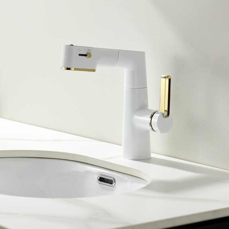 Single Handle Pull-Out Digital Display White Bathroom Faucet