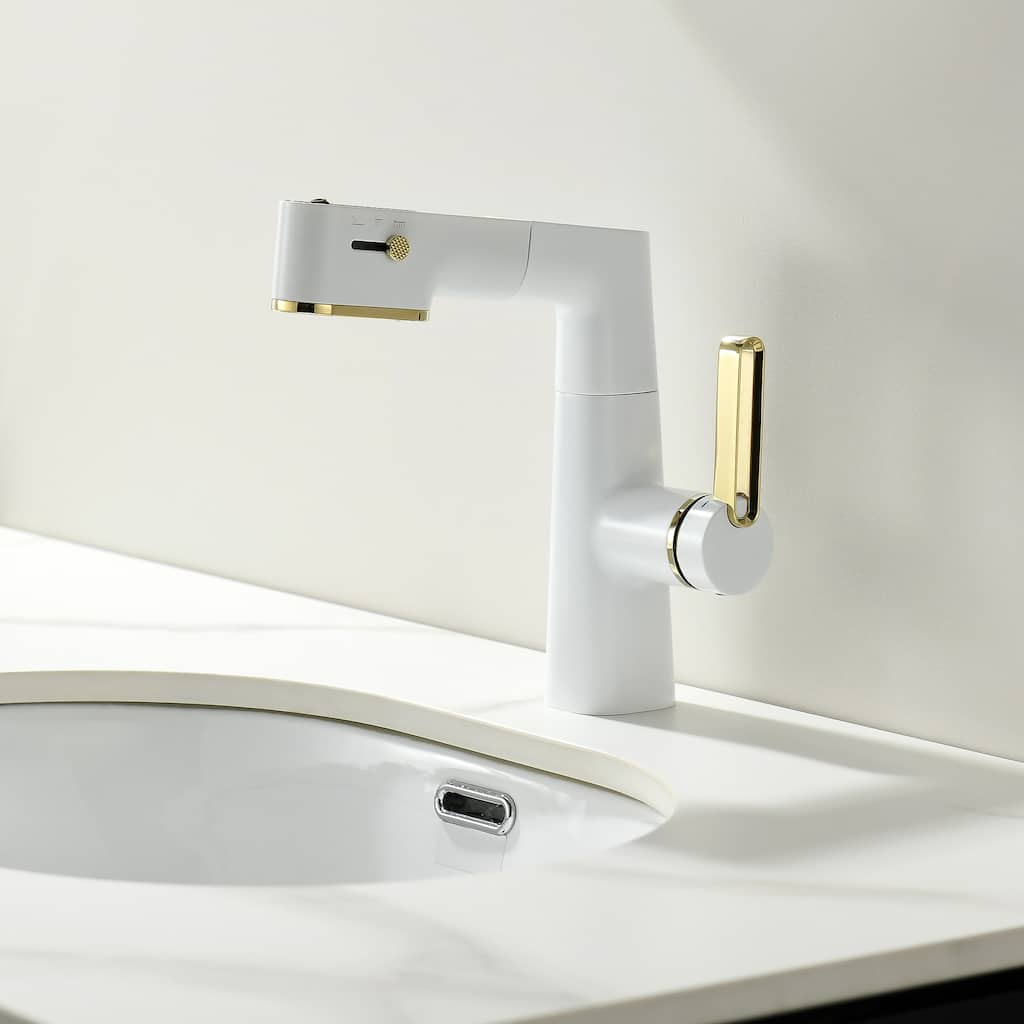 Single Handle Pull-Out Digital Display White Bathroom Faucet