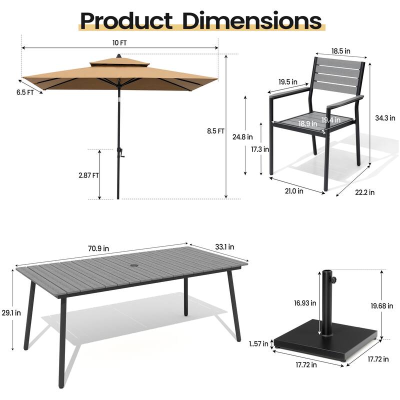 9PC Outdoor Patio Dining Set Aluminum Table with Stackable Armchairs w/ Market Umbrella Set