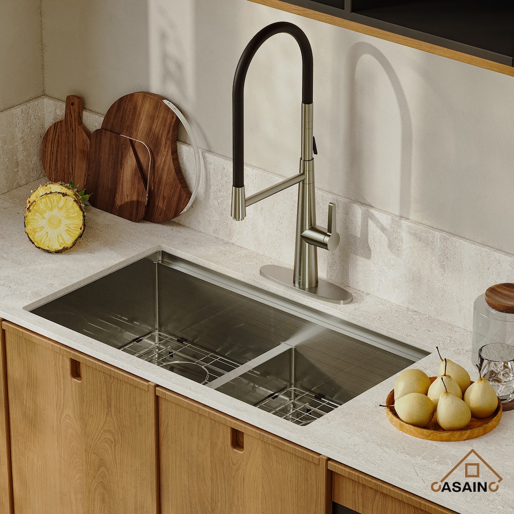 Stainless Steel 33 in. Double Bowl Undermount Workstation Kitchen Sink with Kitchen Faucet and Accessories