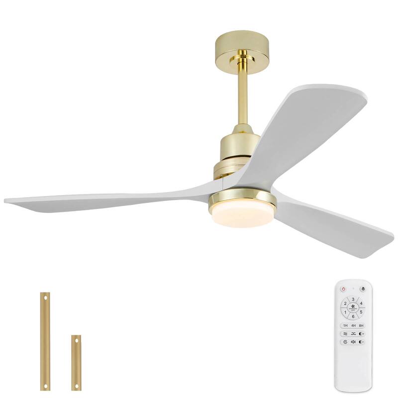 52 Inch Indoor Ceiling Fan With Dimmable LED Light 3 Solid Wood Blades Remote Control Reversible DC Motor - Gold+White
