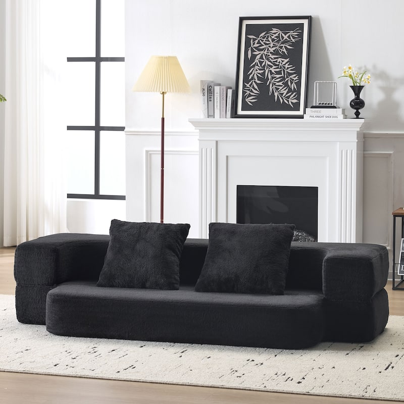 74.81" Faux Fur 3-in-1 3-Seater Floor Sofa, Converts to Bed with Memory Foam