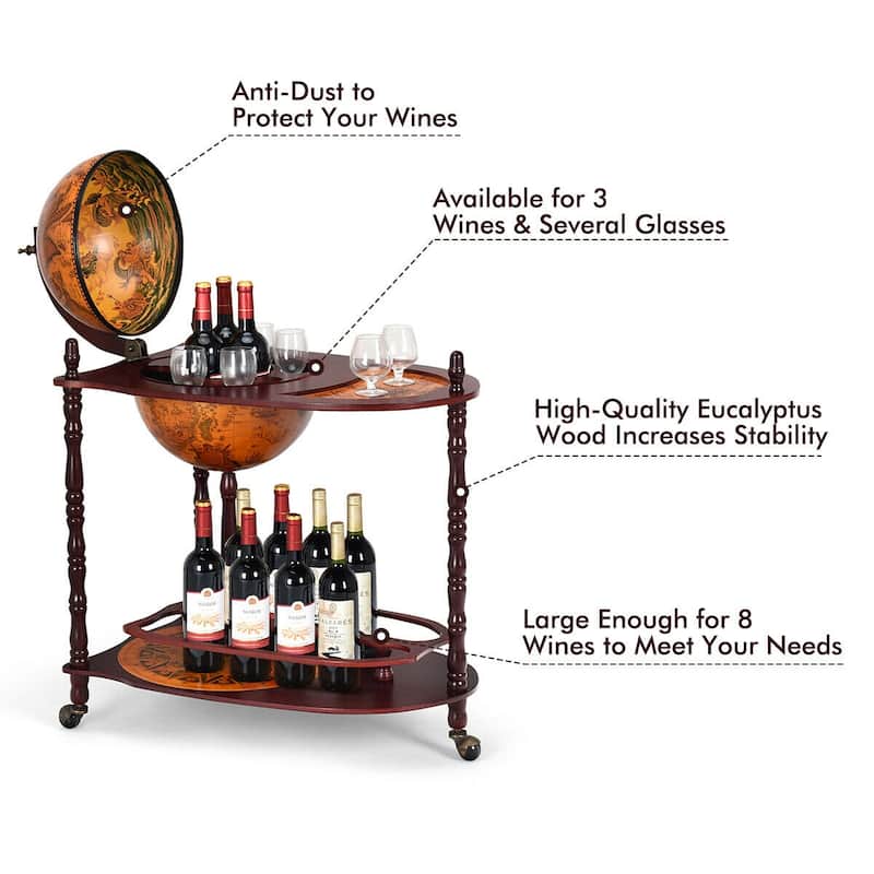 Costway Wood Globe Wine Bar Stand 34'' H 16th Century Italian Rack - 27.5"X18.0"X34.5"