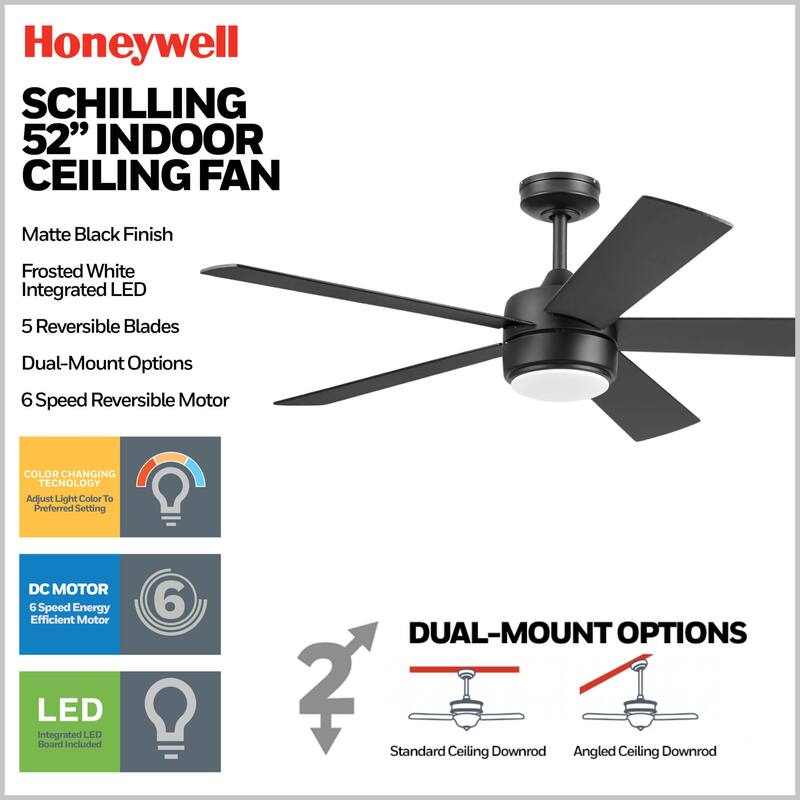 Honeywell 52" Schilling Indoor Matte Black LED Ceiling Fan with Remote Control - 52 Inches