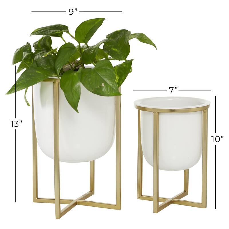 Metal Dome Indoor Outdoor Planter with Gold X-Shaped Stands - Set of 2 White - CosmoLiving by Cosmopolitan