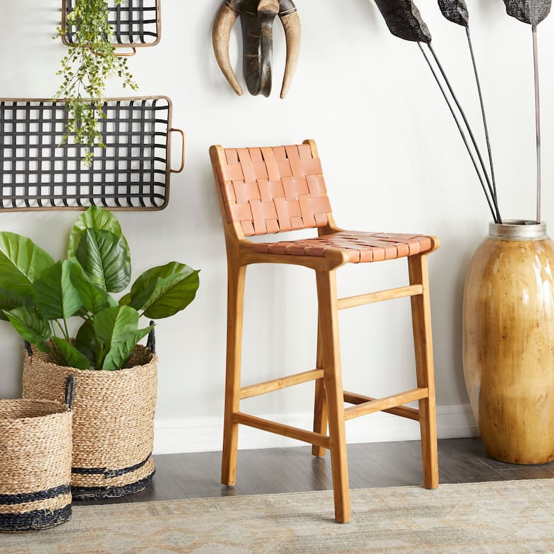 Camel Brown or Black Teak Wood Woven Leather Seat and Back Bar Stool with Beam Footrest - Brown-Tan