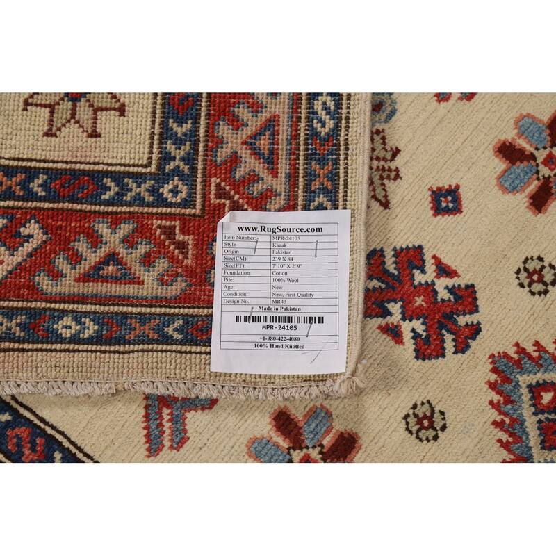 Ivory Kazak Oriental Runner Rug Hand-Knotted Wool Carpet - 2'9"x 7'10"