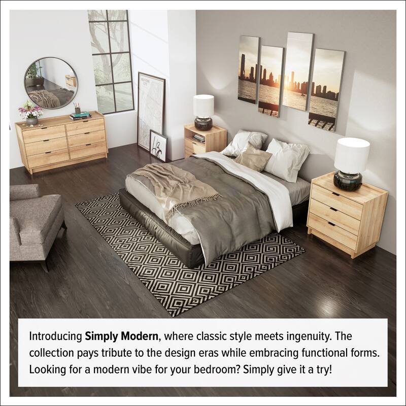 Prepac Simply Modern 6-Drawer 52.5" W Double Dresser for Bedroom, Chest of Drawers, Modern Bedroom Furniture, Oak