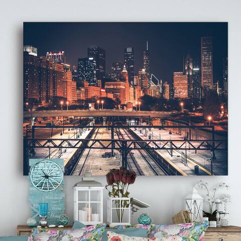 Dark Chicago Skyline and Railroad - Cityscape Canvas print - Multi-color