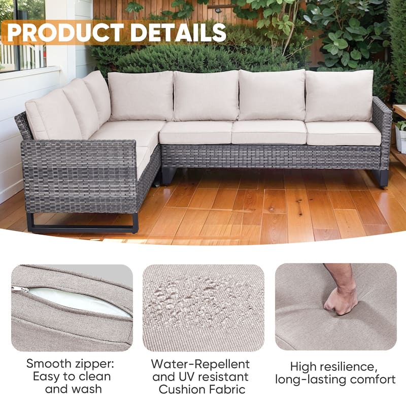 Outdoor PE Wicker Funiture with Fire Pit Table - Beige cushion - Grey
