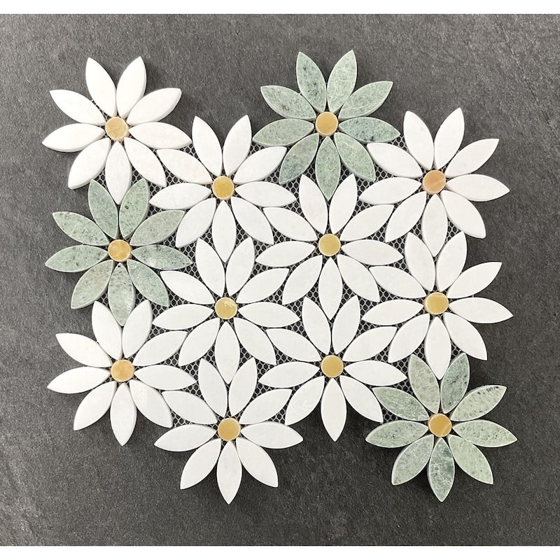 Natural Marble Daisy Flower Pattern Mosaic Wall & Floor Tile - 1 Case (10 Sheets)