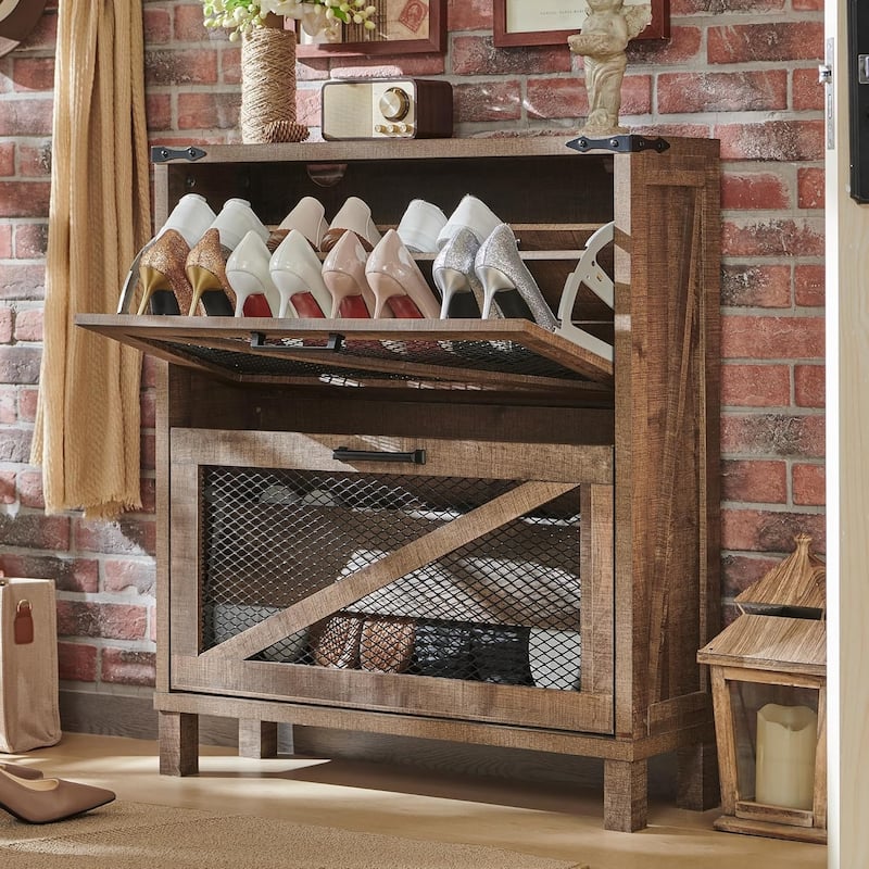 Farmhouse Shoe Cabinet, Wooden Shoe Storage Cabinet, Shoe Organizer - Light Brown