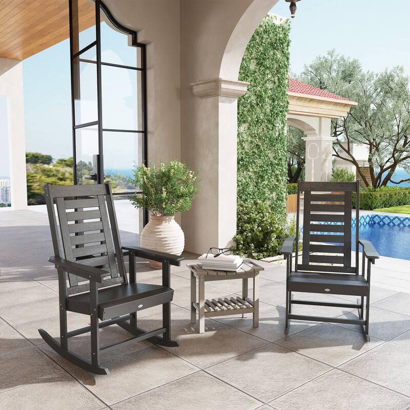 Set of 2 Outdoor Rocking Chairs Dark Gray HDPE Patio Porch Deck Garden Relaxing Seats - 25.6" W x 35" D x 40.6" H