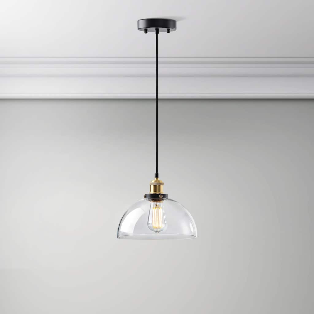 Alda 1 Light Antique Gold and Black Clear Glass Bowl Shade Pendant - 9.7 inches in diameter x 8.5 inches H