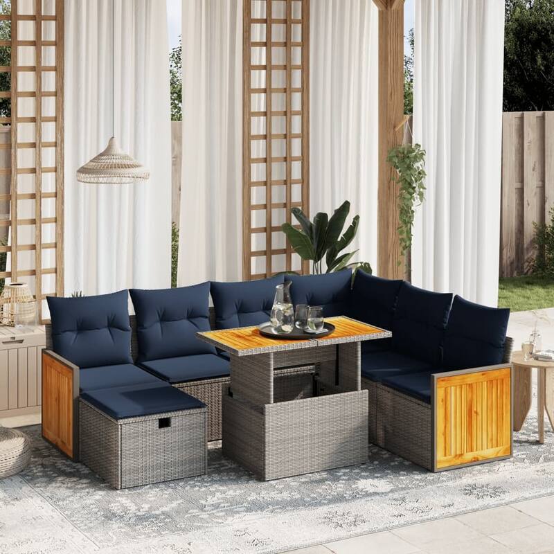 vidaXL 8 Piece Patio Sofa Set with Cushions Black/Gray Poly Rattan - 21.7 x 24.4 x 27.2 - Grey