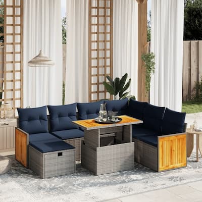 vidaXL 8 Piece Patio Sofa Set with Cushions Black/Gray Poly Rattan - 21.7 x 24.4 x 27.2