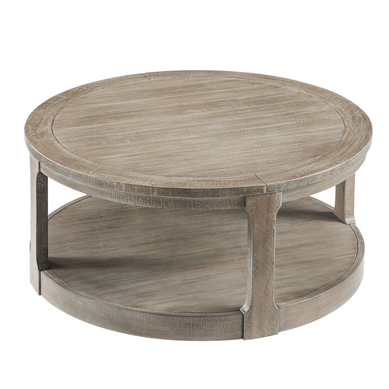 40" Large Curved Two-Tier Traditional Round Wooden Coffee Table with Wheels, Mid-Century Rustic Style