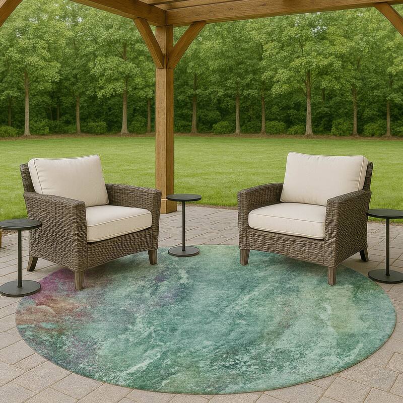 Machine Washable Indoor/ Outdoor Abstract Watercolor Chantille Rug - Teal - 8' x 8'