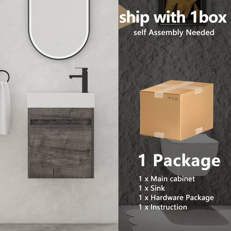 GDFStudio - Ellis Modern 18" Floating Wall-Mounted Bathroom Vanity with White Resin Sink