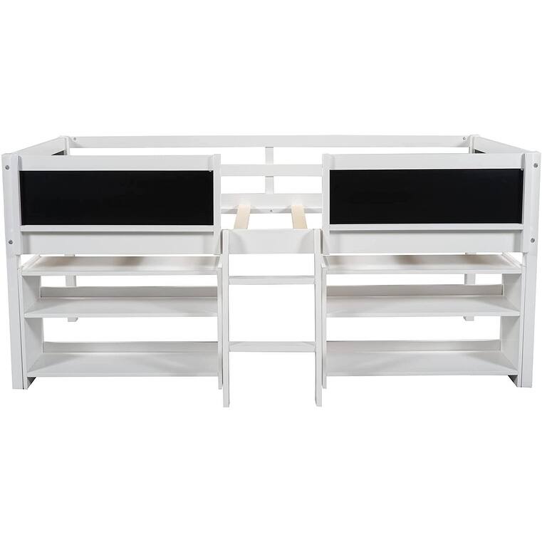 Twin Size Low Loft Bed with 2 Movable Shelves and Ladder & Chalkboard
