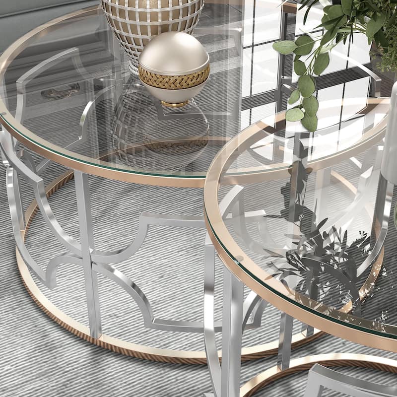 Ders Glam Chrome and Gold Plating Tempered Glass Top 2-Piece Coffee Table Set by Furniture of America