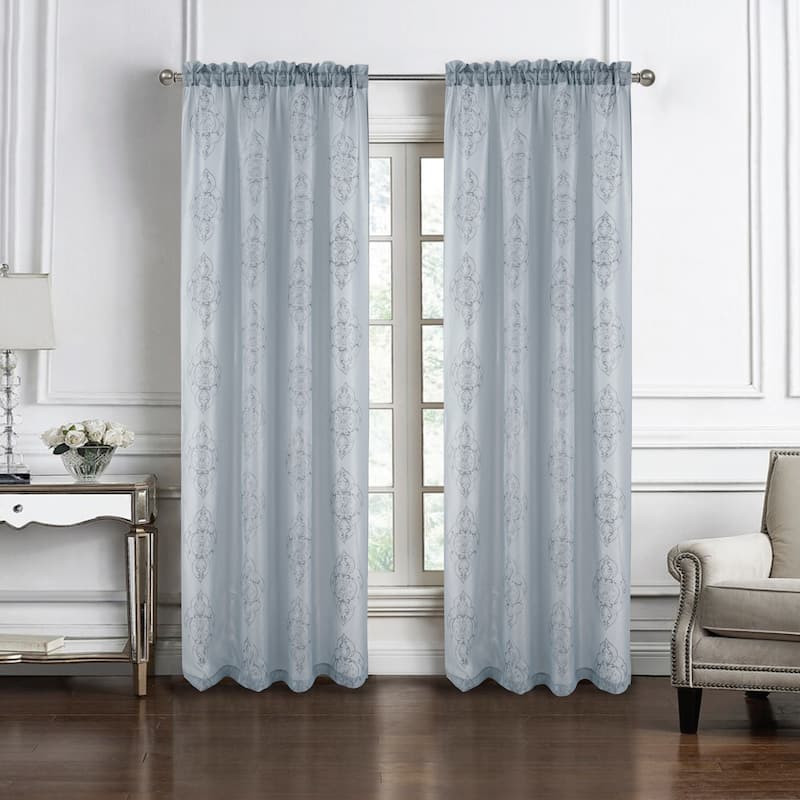 Embroidered Sheer Window Curtain Collection 84" or 95" - 95 Inches - Andrea - Silver