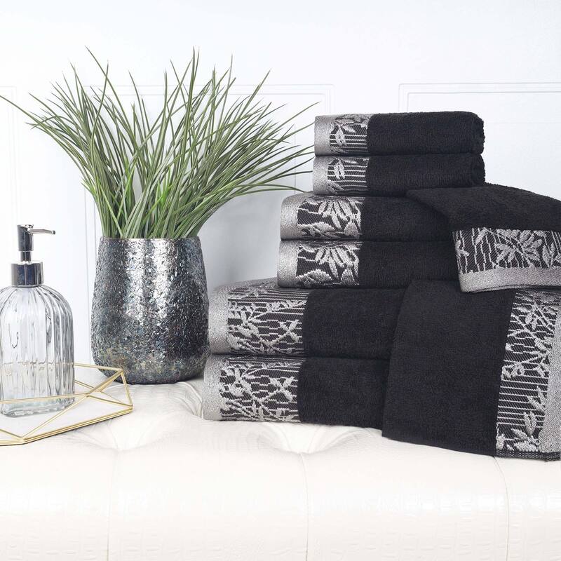 Superior Wisteria Cotton Floral Jacquard 8 Piece Bathroom Towel Set - Black