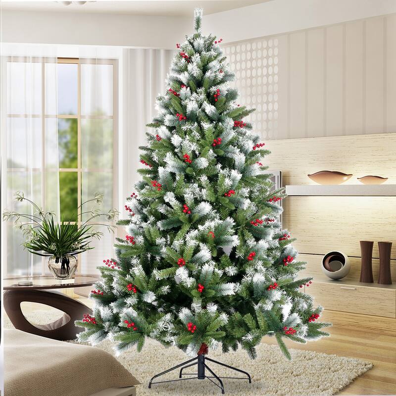 Artificial Christmas Tree Flocked Pine Needle Tree with Cones Red Berries 7.5 ft Foldable Stand - Green - 7.5 Foot