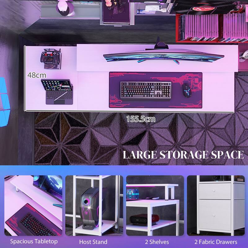 LED Gaming Desk with USB Ports & Power Outlets, Office Desk with Adjustable Foot Pads & Storage Shelves