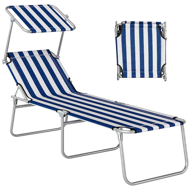 Outsunny Outdoor Lounge Chair, Adjustable Folding Chaise Lounge, Tanning Chair with Sun Shade for Beach, Camping, Hiking