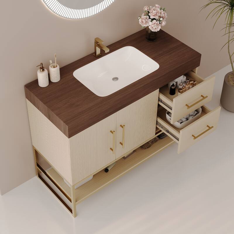 36" Modern Bathroom Vanity with Seamless Ceramic Sink & Gold Accent Free Standing Cabinet