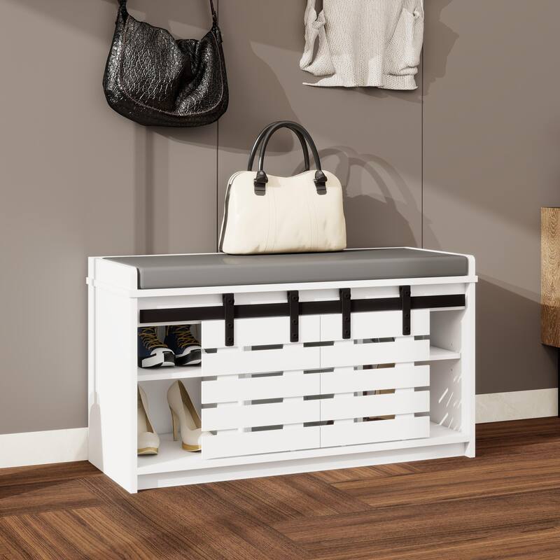 Modern Shoe Storage Bench, 2-Tier Entryway Bench with 2 Sliding Barn Doors