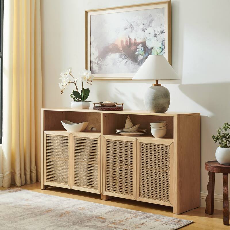 Mid Century Modern Rattan Sideboard Buffet Cabinet with Storage - Natural