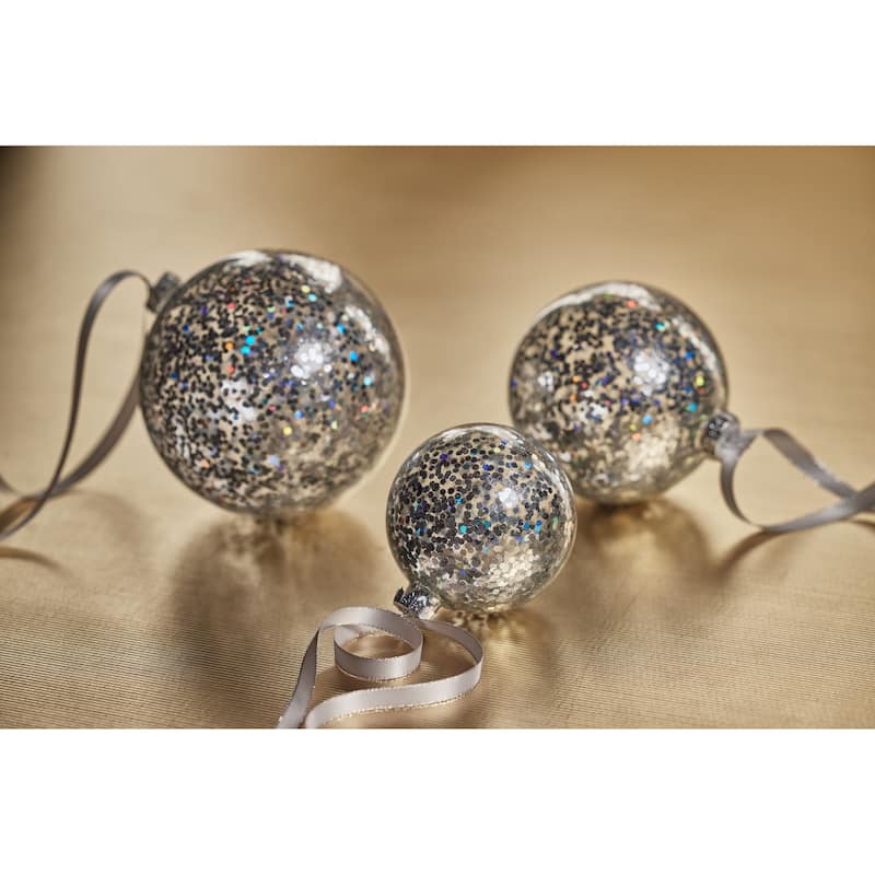 4" Silver Confetti Glass Holiday Ball Ornaments, Set of 6