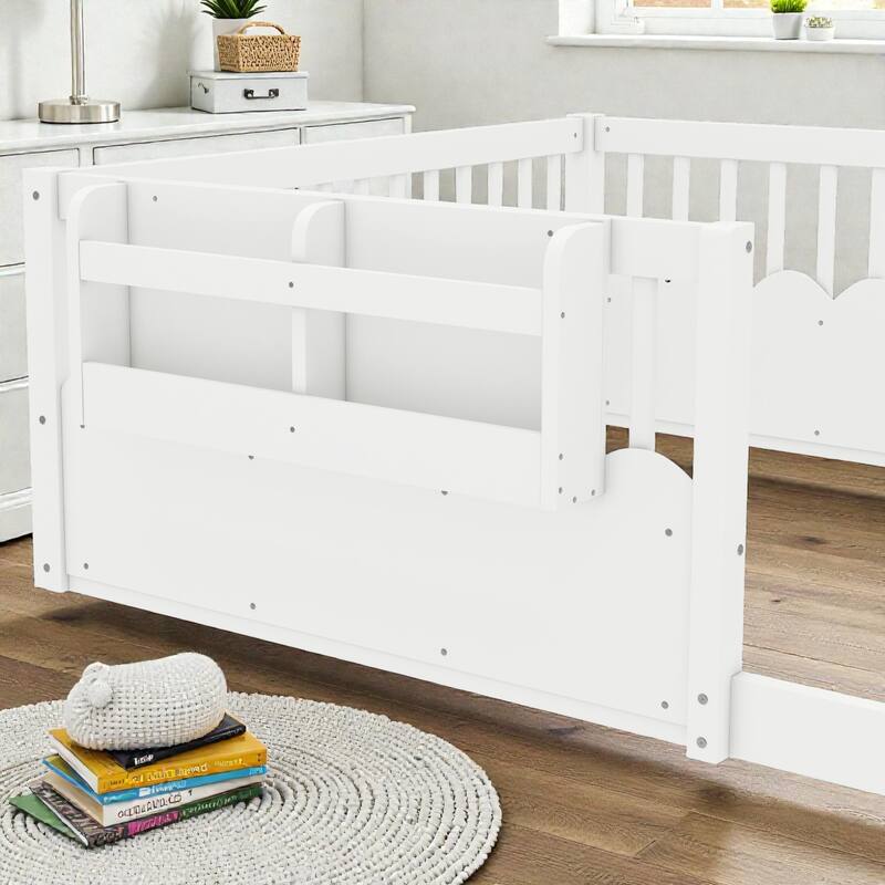 Twin Floor Bed with Heightened Fence and Bookshelf, Wooden Montessori Floor Bed for Kids, Low Profile Design