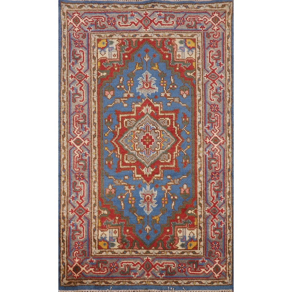 Light Blue Geometric Heriz Serapi Indian Rug Handmade Wool Carpet - 3'0" X 5'0"